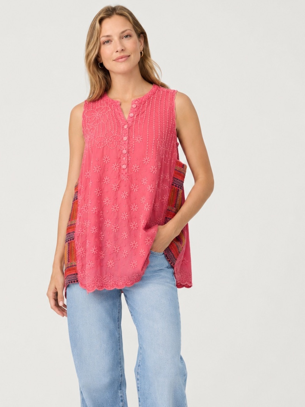 Johnny Was Coral Pink Embroidered Sleeveless Tunic